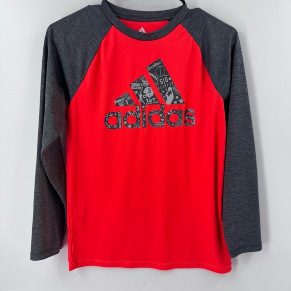 Adidas Kids Long Sleeve Red and Gray Tee - Picture 1 of 7